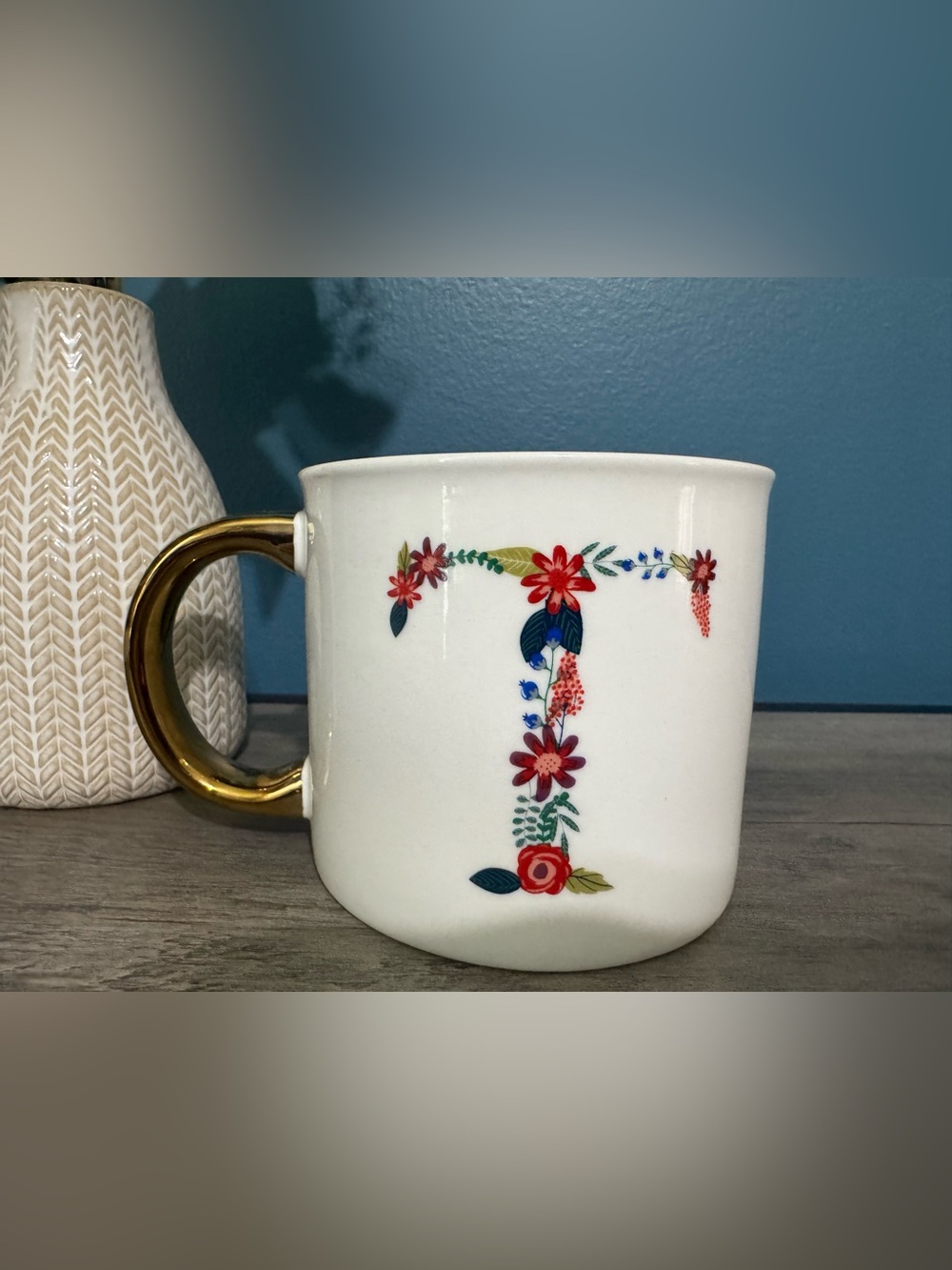 Opalhouse White Ceramic Mug with Gold Handle and Floral Letter T